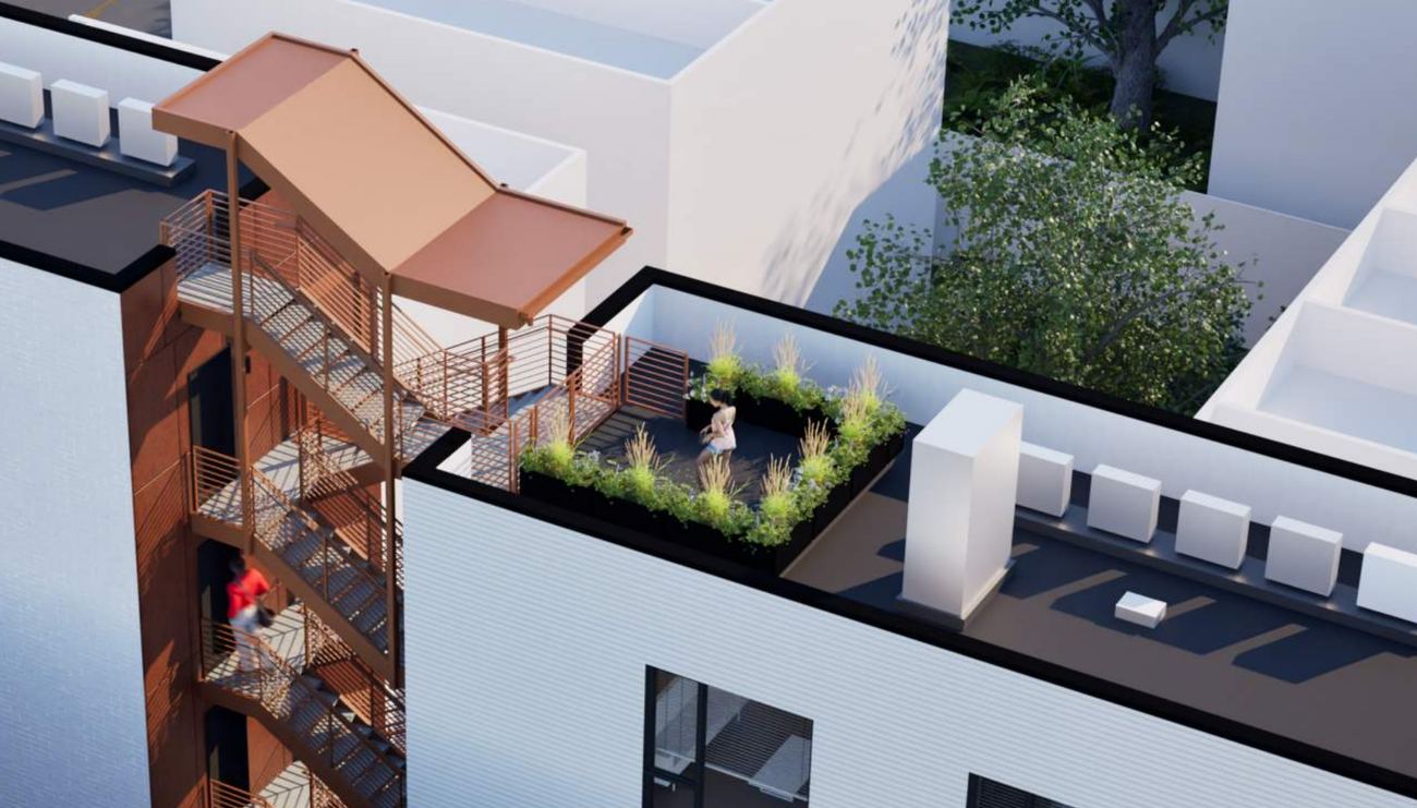 Aerial rendering of Ascend&rsquo;s planted private rooftop deck and corten stair tower